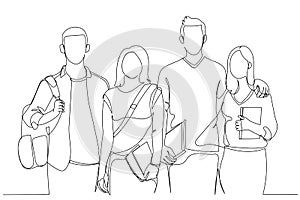 Illustration of cheerful college students walking out of campus together, and posing at camera. Single continuous line art style