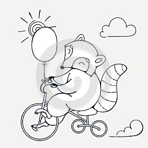 Illustration with a cheerful racoon on a bike with balloon.