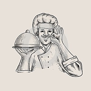 illustration chef with engraving style