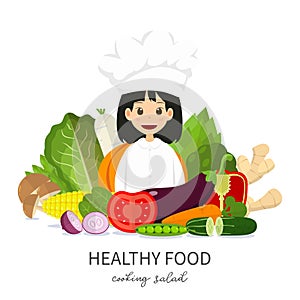 Illustration Chef girl cute character suggest healthy food . Vegetable minimal style isolated on white background , cartoon vector