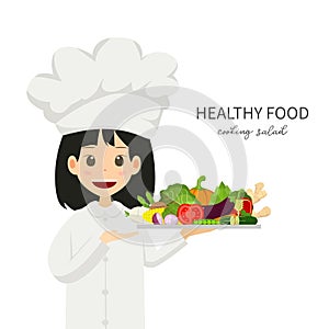 Illustration Chef girl cute character suggest healthy food . Vegetable minimal style isolated on white background , cartoon vector