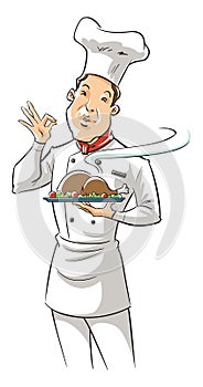 Illustration of a chef holding delicious dish