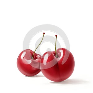 illustration. Cherries photo realistic 3d icon isolated on white background. Ripe red cherry berries. two red cherries with their