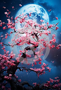 Cherry blossom tree in full moon night,