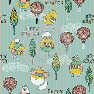Illustration of chicks, trees, eggs hatching