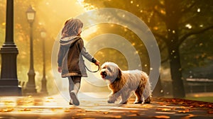 Illustration with a child in a coat walking with a fluffy dog in the park among fallen leaves and golden trees on an autumn sunny