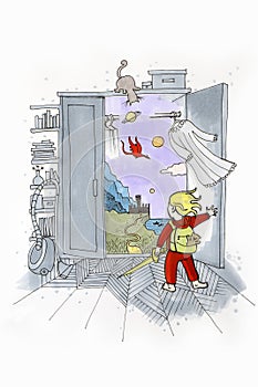 Illustration of a child hero discovering a new invisible world in his room photo