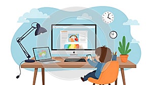 Child Learning Online, Home Office, Computer, Education Vector