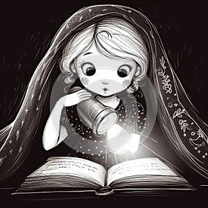 Illustration of a child reading a book using a flashlight