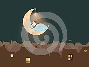 Illustration - A child sleeping on the Cheese Moon, above the fairytale city