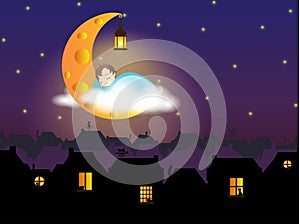 Illustration - A child sleeping on the Cheese Moon, above the fairytale (old European) city