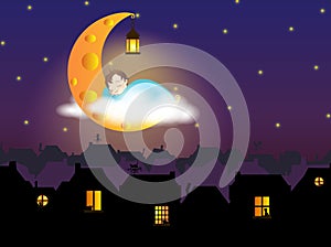 Illustration - A child sleeping on the Cheese Moon, above the fairytale (old European) city