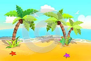 Illustration For Children: Beautiful Sand Beach with Swaying Palm Trees. photo