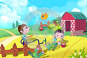 Illustration For Children: The Boy is Watering the Plants but Carelessly Fired the Water to the Girl.