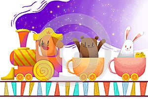 Illustration For Children: The Cup Train Carries Little Animals, Headed Far Away.