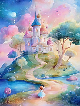 Illustration for children with a fairytale castle