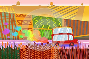 Illustration for Children: The Happy Small Car Running in the Colorful Fields.