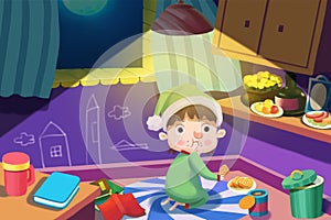 Illustration For Children: Hungry Boy Gets up to Steals some Food at Night, but was Caught in the Act!