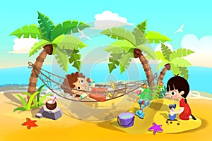 Illustration For Children: Kids Play at Sand Beach, One Sleeping in the Hammock, One Playing in Sands.