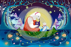 Illustration for Children: The little Bear is Listening to his Mom to Tell the Story. photo