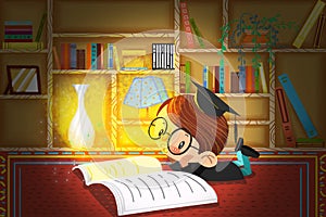 Illustration For Children: The Little Doctor is Reading and Thinking in the Study at Night.