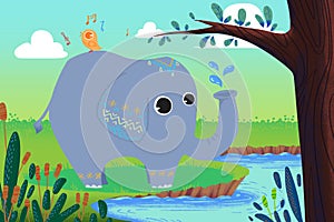 Illustration for Children: Little Elephant is Washing and Little Bird is Singing!