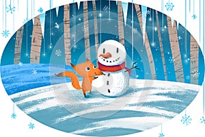 Illustration for Children: Little Fox and Snow Man.