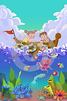 Illustration for Children: The Little Sister and Brother Feeding with Fishes on a Small Boat on the Sea.