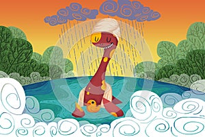 Illustration for Children: The Loch Ness Monster Provides the Yellow Duck a Safe Haven When It Rains.