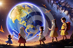 Illustration of children play with Earth globe