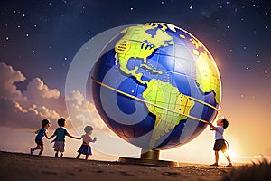 Illustration of children play with Earth globe