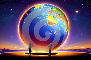 Illustration of children play with Earth globe