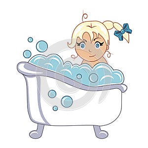 Illustration of a children`s bathroom, water procedures, a child is washed in a bathtub, a lot of foam, a happy girl takes a bath,