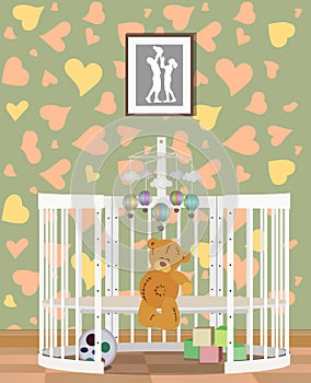 Illustration of children`s bed in the interior. Flat design.Children`s room.