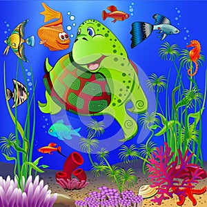children`s underwater landscape with various aquatic plants and floating tropical fish and a turtle. Cartoon