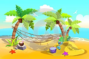 Illustration For Children: Sand Beach Hammock between Palm Trees.