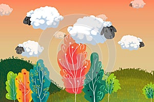 Illustration for Children: Sheep Cloud Float above the Colorful Trees.
