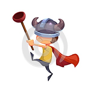 Illustration For Children: The Super Kid Hero with Toilet Plunger and Viking Hat.
