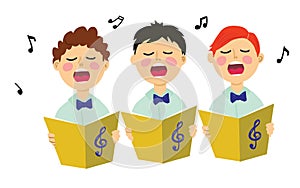 Illustration for children. Three funny boys sing a song in chorus. Notes and treble clef. Cartoon style.