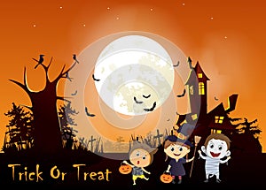 Illustration of children trick or treating in Halloween costume