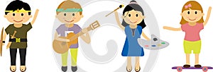 Illustration of children with various hobbies and activities. it`s a PNG image