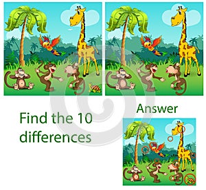 Illustration of children. The visual puzzle reveals ten differences with the beasts of a turtle, a parrot of monkeys and