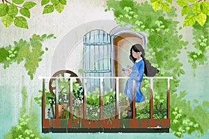 Illustration for Children: The Young Girl stays in Her Balcony Garden, Enjoy Visiting her Flower Friends.