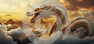 Illustration of Chinese Golden Dragon on the mountains and foggy clouds. Generative Ai