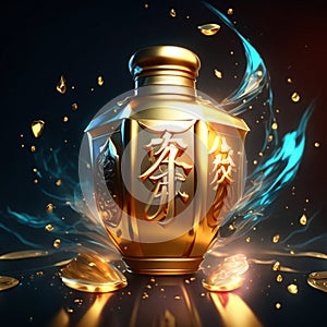 Illustration of chinese hieroglyphs on a golden bottle AI Generated