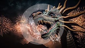 illustration chinese holiday new year .golden dragon with fire and fireworks on show .Generative AI