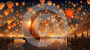 Illustration of Chinese lanterns and an incoming ship. New Year\'s fun and festiv