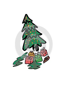 Illustration of chrismast tree with gift box