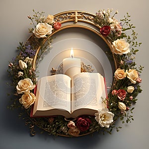Illustration of Christian Catholic frame with Bible, Flowers and Candle
