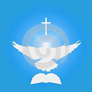 Illustration for Christian Community: Dove as Holy spirit, cross, Bible.